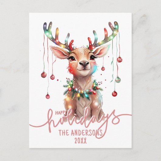 レインボーお洒落トナカイとクリスマスライト ポストカード (正面)