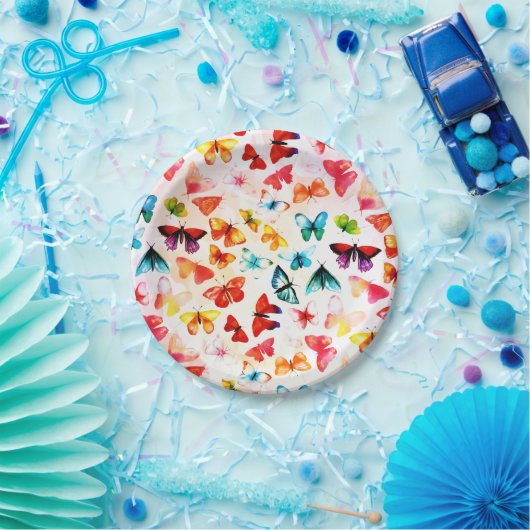 レインボーお洒落フォレストバタフライウォーター色 ペーパープレート (パーティー)