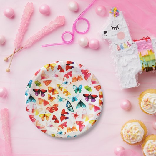 レインボーお洒落フォレストバタフライウォーター色 ペーパープレート (パーティー)