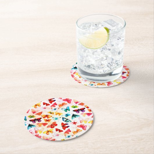 レインボーお洒落フォレストバタフライウォーター色 ラウンドペーパーコースター (インサイチュ)