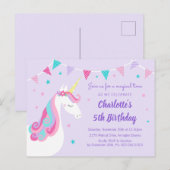 レインボーお洒落ユニコーンパープル第5誕生日 インビテーションポストカード (正面/裏面)