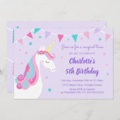 レインボーお洒落ユニコーンパープル第5誕生日 招待状 (正面/裏面)
