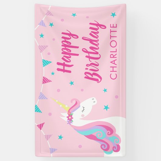 レインボーお洒落ユニコーンピンクハッピーバースデー 横断幕 (縦)
