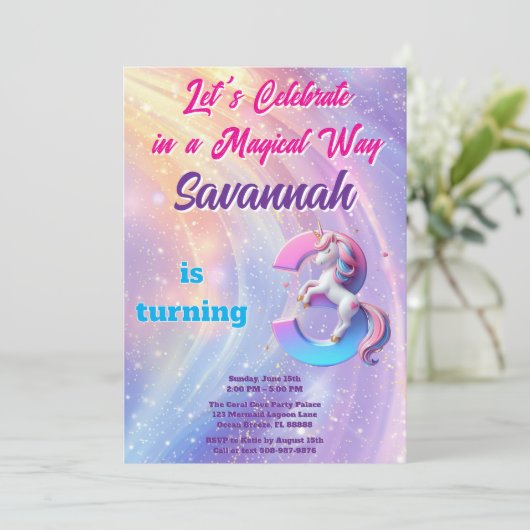 レインボーお洒落ユニコーン第3誕生日招待状 招待状 (スタンド正面)