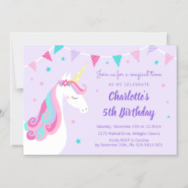 レインボーお洒落ユニコーン第5誕生日パープル マグネット招待状
