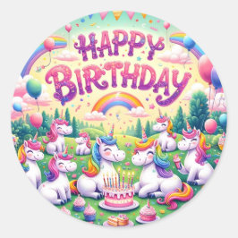 レインボーお洒落ユニコーン誕生日ステッカー ラウンドシール