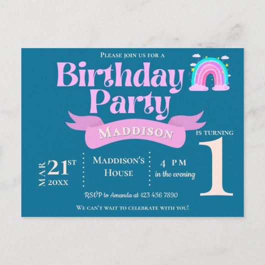 レインボーお洒落1thバースデーフォト招待状 インビテーションポストカード (裏面)