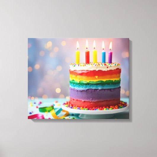 レインボーお誕生日ケーキ キャンバスプリント (正面)
