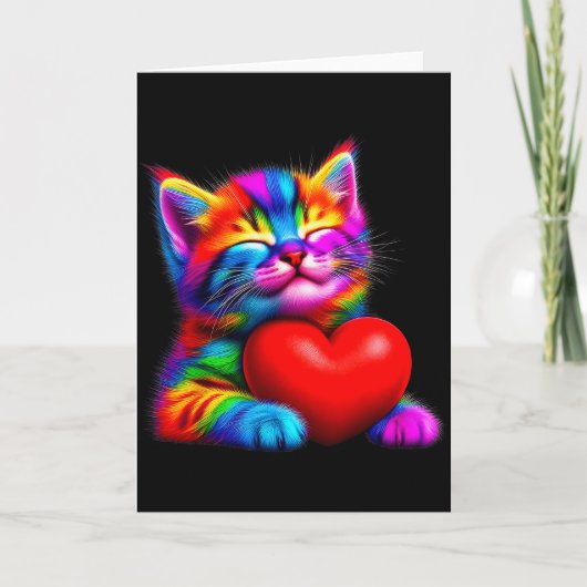 レインボーかわいい猫がバレンタインハートを抱えるキティラブ カード (正面)