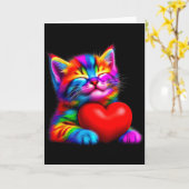 レインボーかわいい猫がバレンタインハートを抱えるキティラブ カード (黄色い花)
