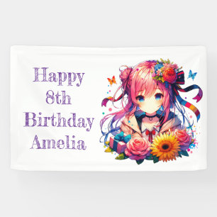 レインボーかわいらしアニメガールパーソナライズされた誕生日 横断幕