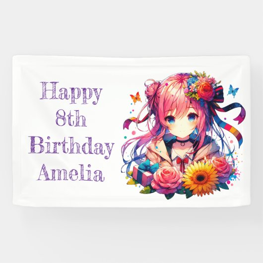 レインボーかわいらしアニメガールパーソナライズされた誕生日 横断幕 (横)