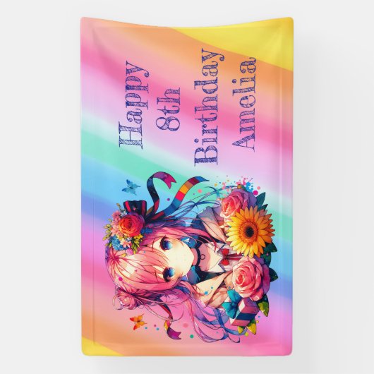 レインボーかわいらしアニメガールパーソナライズされた誕生日 横断幕 (縦)
