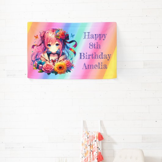 レインボーかわいらしアニメガールパーソナライズされた誕生日 横断幕 (インサイチュ)