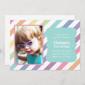 レインボーかわいらしストライプバースデーパーティ招待状 招待状 (正面/裏面)