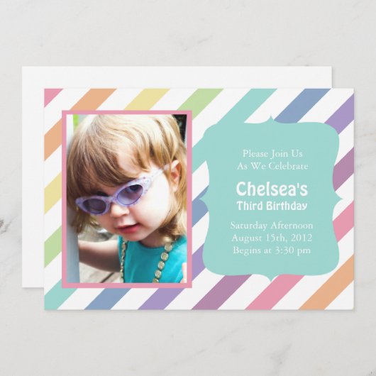 レインボーかわいらしストライプバースデーパーティ招待状 招待状 (正面/裏面)