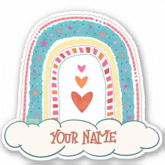 レインボーかわいらしハート名表示ステッカー シール (正面)