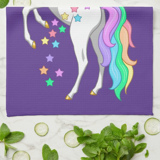 レインボーかわいらしユニコーンの落下する星を育てる キッチンタオル (折り畳み)