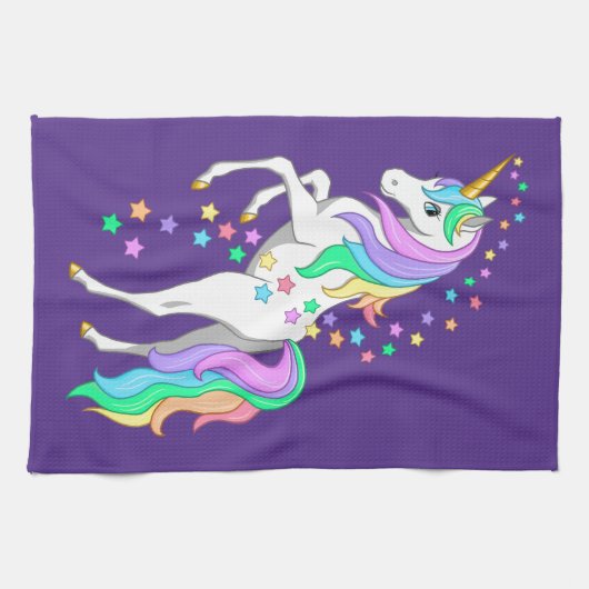 レインボーかわいらしユニコーンの落下する星を育てる キッチンタオル (横)