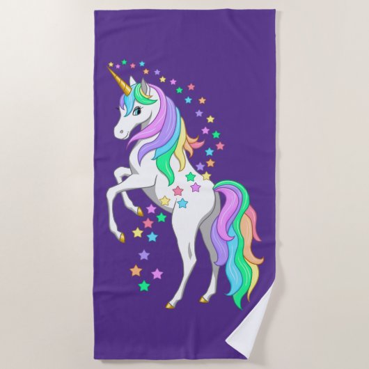 レインボーかわいらしユニコーンの落下する星を育てる ビーチタオル (正面)