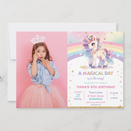レインボーかわいらしユニコーン誕生日パーティーガール写真 招待状 (正面)