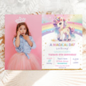 レインボーかわいらしユニコーン誕生日パーティーガール写真 招待状