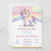 レインボーかわいらしユニコーン誕生日パーティーガール 招待状 (正面)