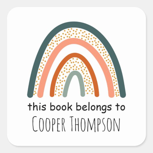 レインボーこの本はキッズ蔵書票 スクエアシール (正面)