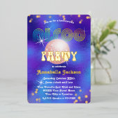 レインボーとゴールドのファンキー パープル ディスコ パーティー 箔招待状 (立ち正面)