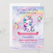 レインボーとハートの水色パステルユニコーン 招待状 (正面/裏面)