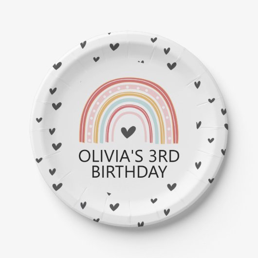 レインボーとハートバースデーパーティープレート ペーパープレート (正面)