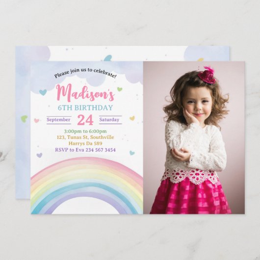 レインボーとハートフォト誕生日 招待状 (正面/裏面)