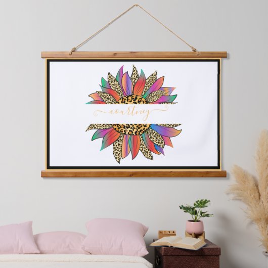 レインボーとヒョウのヒマワリパーソナライズされたハギン 吊り下げ型タペストリー (寝室)