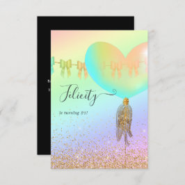 レインボーと金ゴールドとピンクの誕生日パーティーの招待 招待状