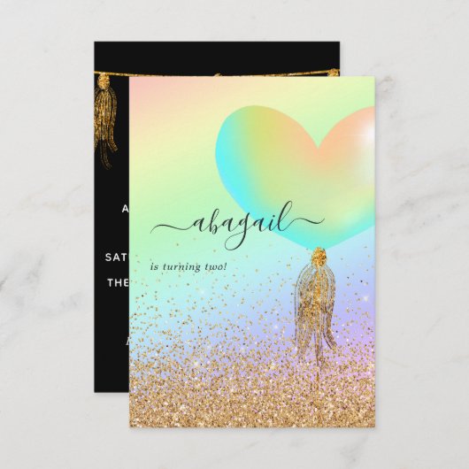 レインボーと金ゴールドとピンクの誕生日パーティーの招待 招待状 (正面/裏面)