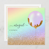 レインボーと金ゴールドとピンクの誕生日パーティーの招待 招待状 (正面/裏面)