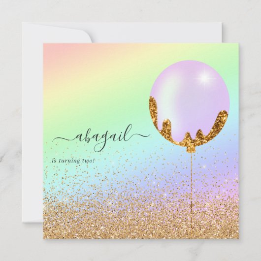 レインボーと金ゴールドとピンクの誕生日パーティーの招待 招待状 (正面)