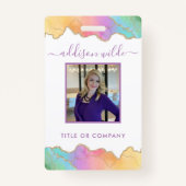 レインボーと金ゴールドの水彩瑪瑙ビジネス バッジ (正面)