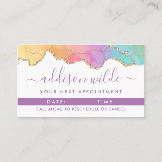レインボーと金ゴールドの水彩瑪瑙ビジネス 予約カード (正面)