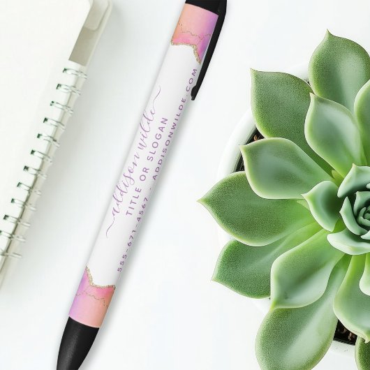 レインボーと金ゴールドの水彩瑪瑙ビジネス 黒ボールペン