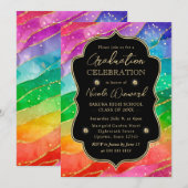 レインボーと金ゴールドグリッターアルコールインクの卒業 招待状 (正面/裏面)