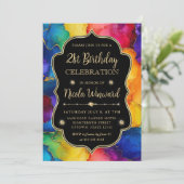 レインボーと金ゴールドグリッターアルコールインク21歳の誕生日 招待状 (スタンド正面)