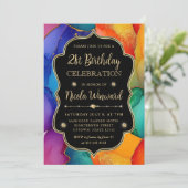 レインボーと金ゴールドグリッターアルコールインク21歳の誕生日 招待状 (スタンド正面)