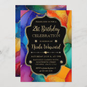 レインボーと金ゴールドグリッターアルコールインク21歳の誕生日 招待状 (正面/裏面)