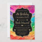 レインボーと金ゴールドグリッターアルコールインク21歳の誕生日 招待状 (正面)