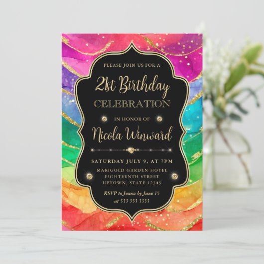 レインボーと金ゴールドグリッターアルコールインク21歳の誕生日 招待状 (スタンド正面)