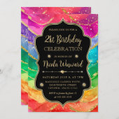 レインボーと金ゴールドグリッターアルコールインク21歳の誕生日 招待状 (正面/裏面)