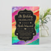 レインボーと金ゴールドグリッターアルコールインク21歳の誕生日 招待状 (スタンド正面)