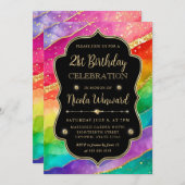 レインボーと金ゴールドグリッターアルコールインク21歳の誕生日 招待状 (正面/裏面)