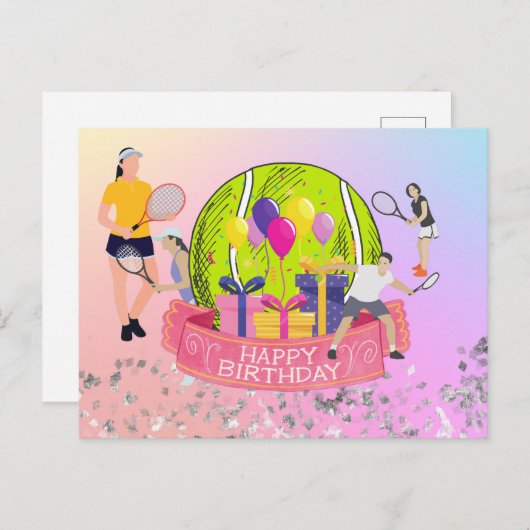 レインボーにハッピーバースデー語が付いたテニスボール ポストカード (正面/裏面)